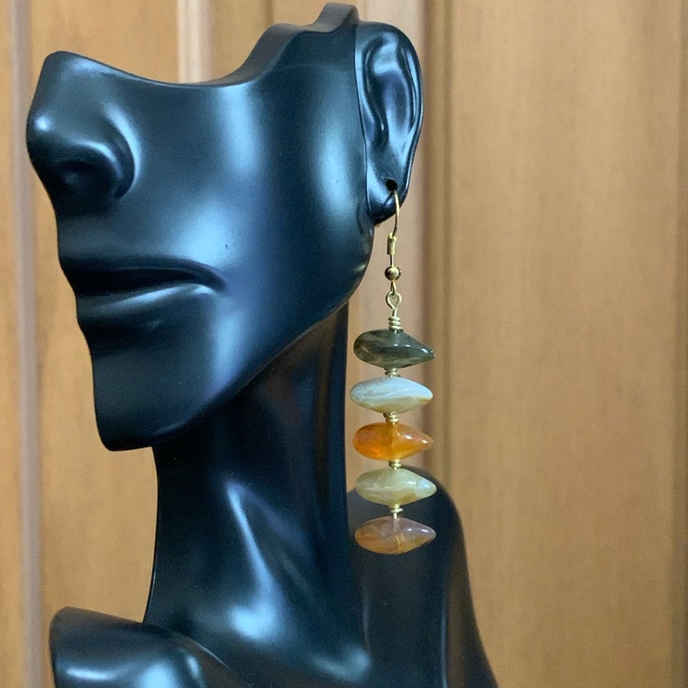 Handmade wire wrapped green, white, and orange stone earrings - Picture 3 of 3